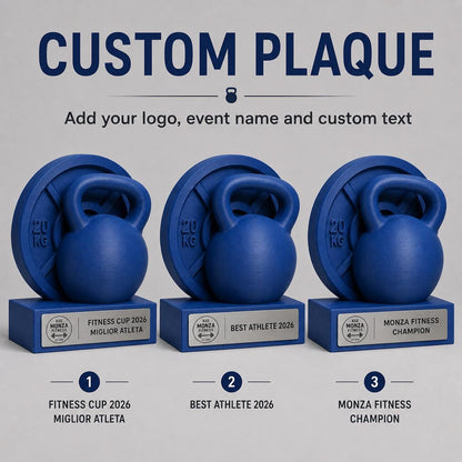 Trofeo Fitness Personalizzato - Statuetta Kettlebell e Disco ghisa Stampata 3D Blu Premio Gara Crossfit e Bodybuilding 2026