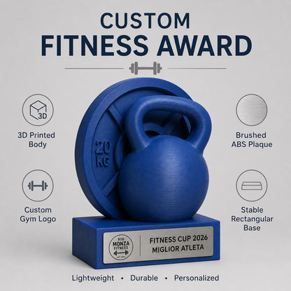 Trofeo Fitness Personalizzato - Statuetta Kettlebell e Disco ghisa Stampata 3D Blu Premio Gara Crossfit e Bodybuilding 2026