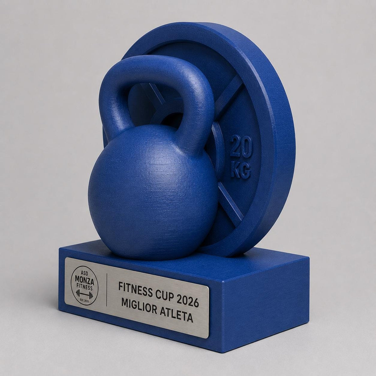 Trofeo Fitness Personalizzato - Statuetta Kettlebell e Disco ghisa Stampata 3D Blu Premio Gara Crossfit e Bodybuilding 2026