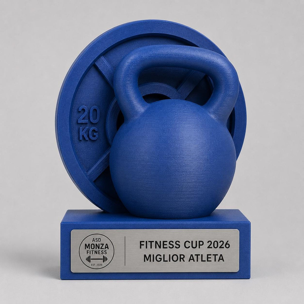 Trofeo Fitness Personalizzato - Statuetta Kettlebell e Disco ghisa Stampata 3D Blu Premio Gara Crossfit e Bodybuilding 2026