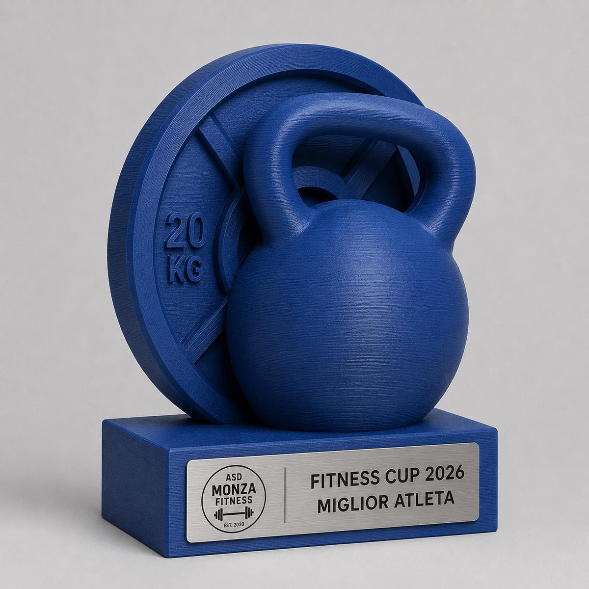 Trofeo Fitness Personalizzato - Statuetta Kettlebell e Disco ghisa Stampata 3D Blu Premio Gara Crossfit e Bodybuilding 2026