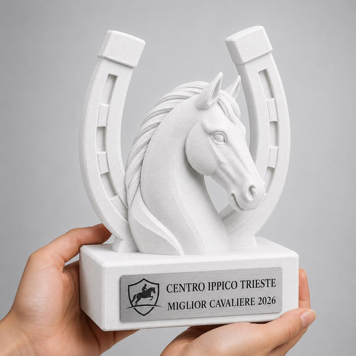 Trofeo equitazione personalizzato in stampa 3D, premio cavallo, equestrian trophy, award ippica, targa ABS effetto acciaio, trofeo pla