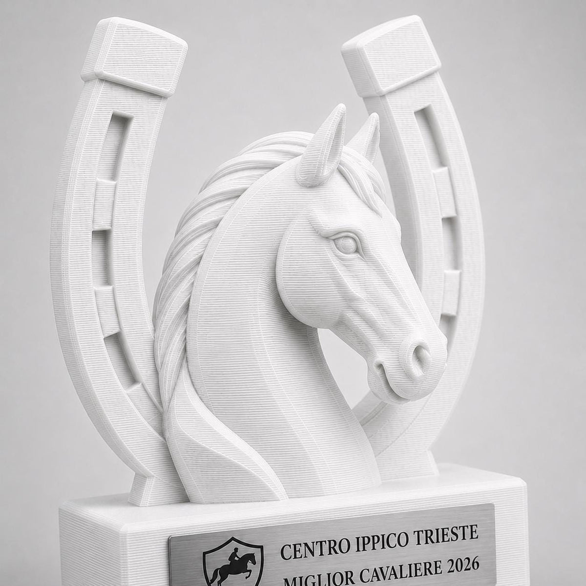 Trofeo equitazione personalizzato in stampa 3D, premio cavallo, equestrian trophy, award ippica, targa ABS effetto acciaio, trofeo pla