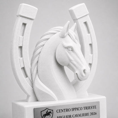 Trofeo equitazione personalizzato in stampa 3D, premio cavallo, equestrian trophy, award ippica, targa ABS effetto acciaio, trofeo pla