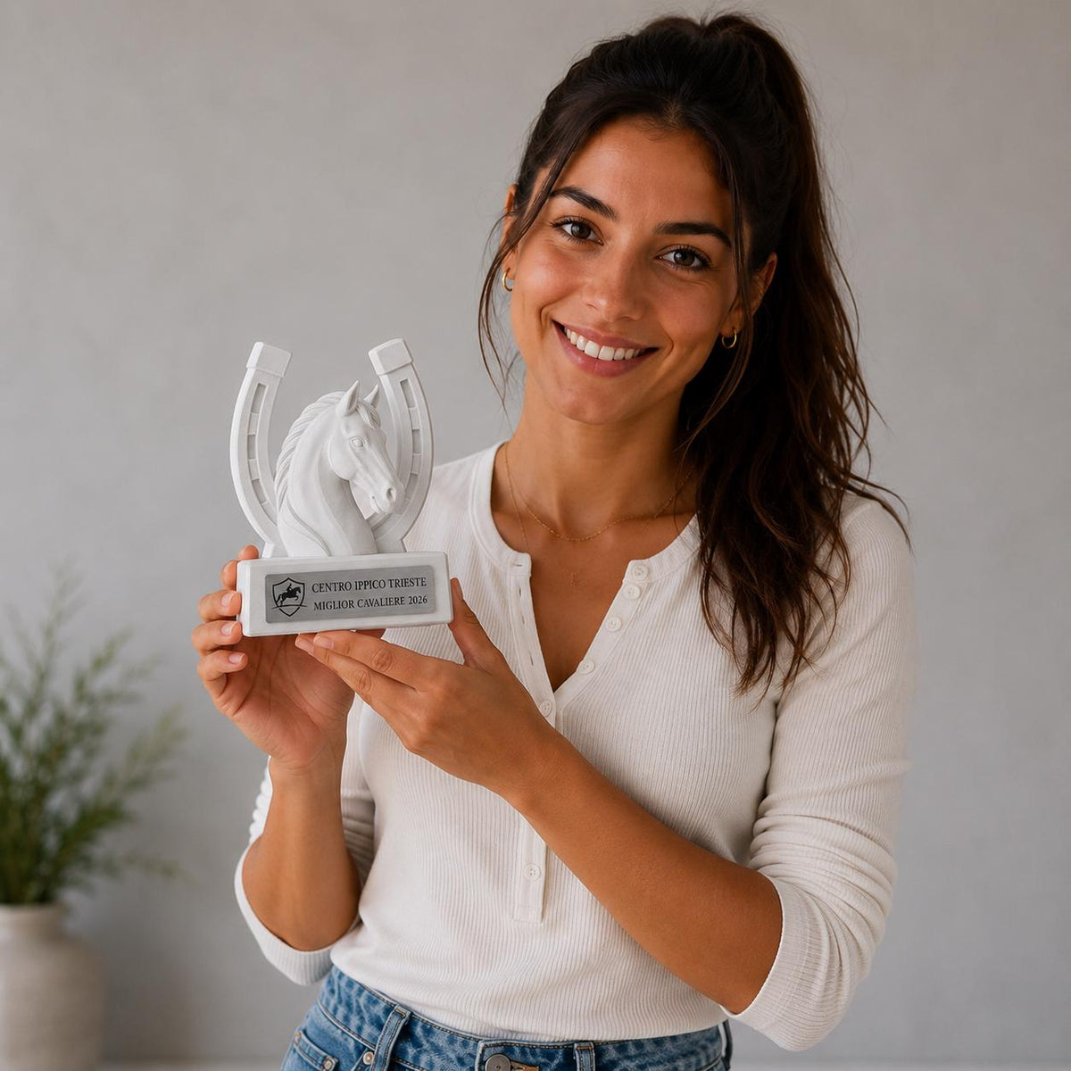 Trofeo equitazione personalizzato in stampa 3D, premio cavallo, equestrian trophy, award ippica, targa ABS effetto acciaio, trofeo pla