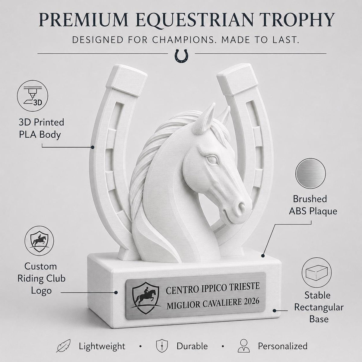 Trofeo equitazione personalizzato in stampa 3D, premio cavallo, equestrian trophy, award ippica, targa ABS effetto acciaio, trofeo pla