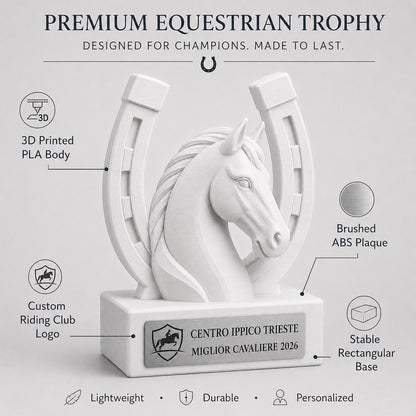 Trofeo equitazione personalizzato in stampa 3D, premio cavallo, equestrian trophy, award ippica, targa ABS effetto acciaio, trofeo pla