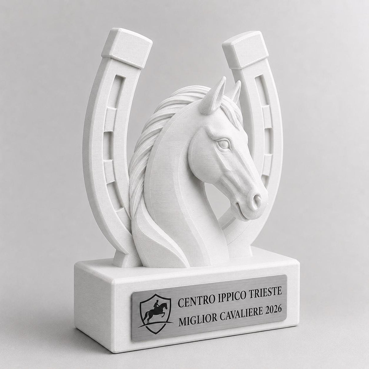 Trofeo equitazione personalizzato in stampa 3D, premio cavallo, equestrian trophy, award ippica, targa ABS effetto acciaio, trofeo pla