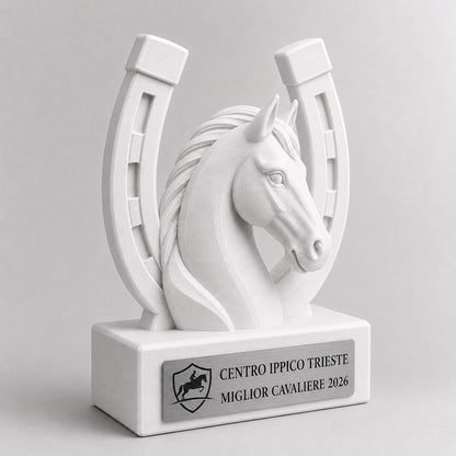 Trofeo equitazione personalizzato in stampa 3D, premio cavallo, equestrian trophy, award ippica, targa ABS effetto acciaio, trofeo pla