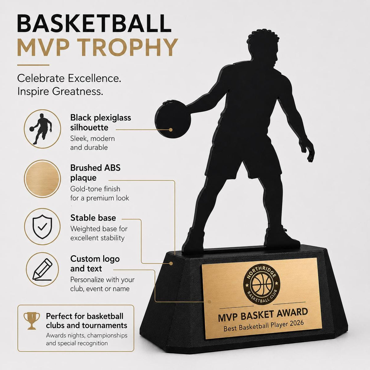 Trofeo Basket Personalizzato - Statuetta Sagoma Basketball player in Plexiglas Nero - Base3D con Targa Premio Miglior Giocatore MVP