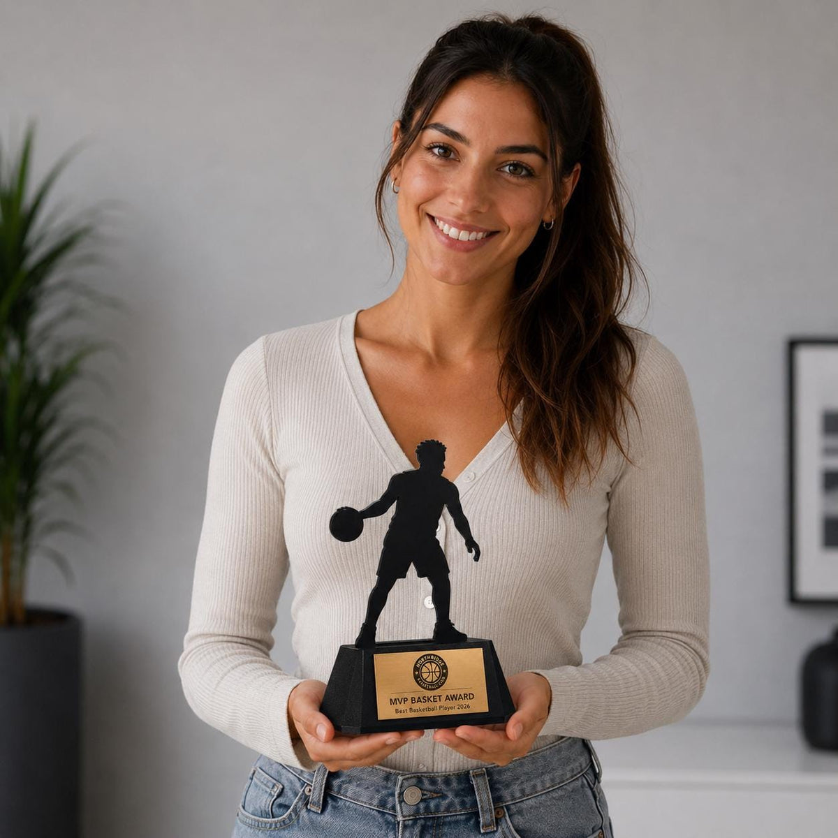 Trofeo Basket Personalizzato - Statuetta Sagoma Basketball player in Plexiglas Nero - Base3D con Targa Premio Miglior Giocatore MVP