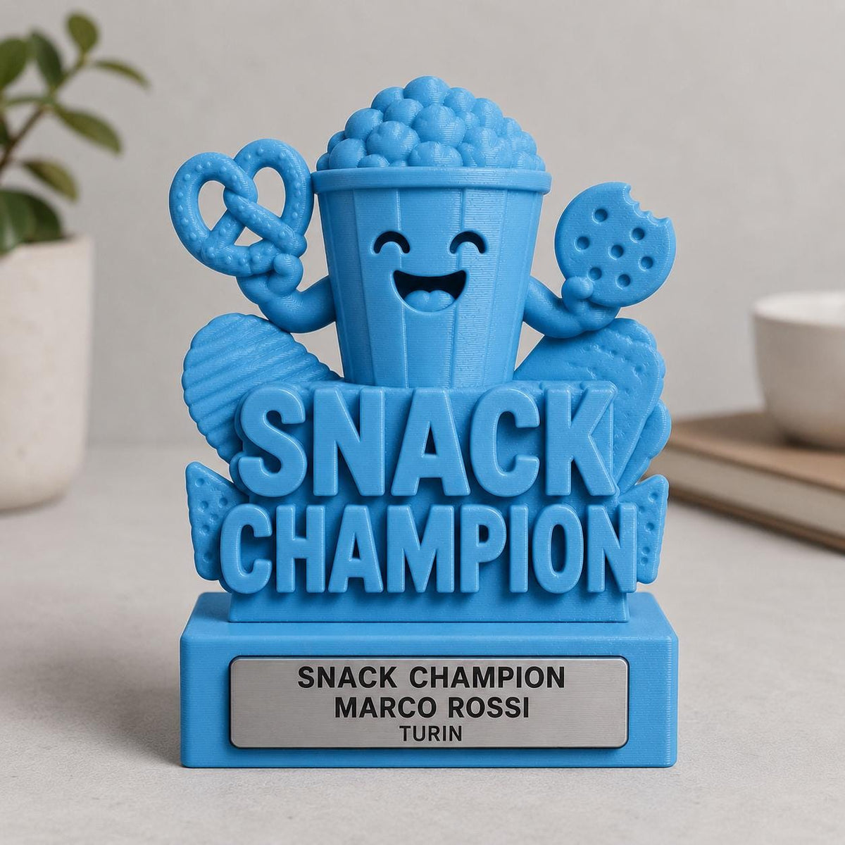 Regalo Divertente Amici, Statuetta Trofeo "Snack Champion", Decorazione 3D Popcorn Pretzel e Biscotto, Idea Regalo Simpatica Amanti del Cibo