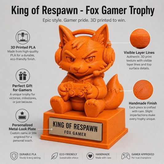 Regalo Gamer, Statuetta Trofeo "King of Respawn", Decorazione 3D Volpe Videogiocatore con Joystick e Cuffie, Idea Regalo Simpatica Nerd