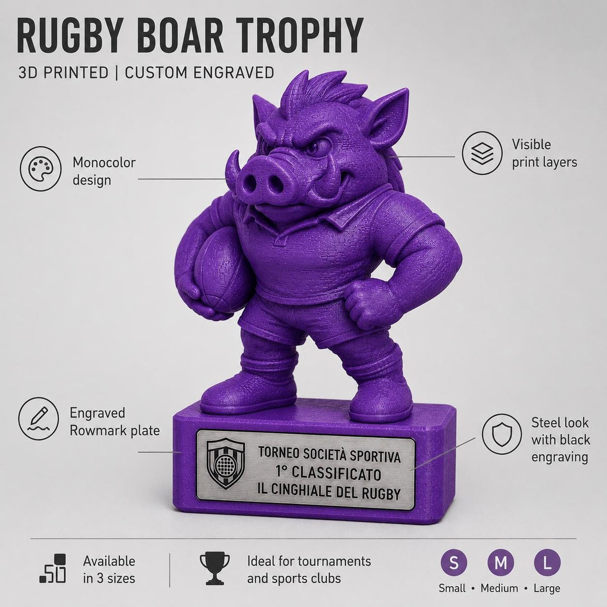 Regalo Rugby Divertente, Statuetta Trofeo Cinghiale "Il Cinghiale del Rugby", Decorazione 3D Primo Classificato Torneo, Premio Giocatore