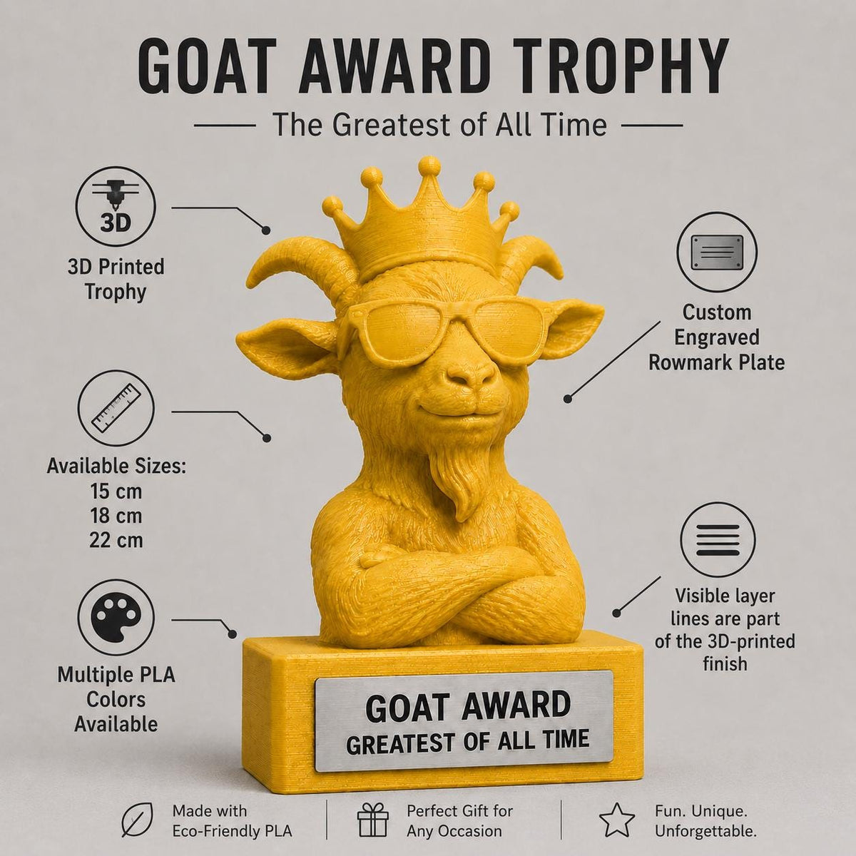 Regalo Divertente Amici, Statuetta Trofeo G.O.A.T. "Goat Award Greatest Of All Time", Capra con Corona e Occhiali, Premio Migliore di Sempre