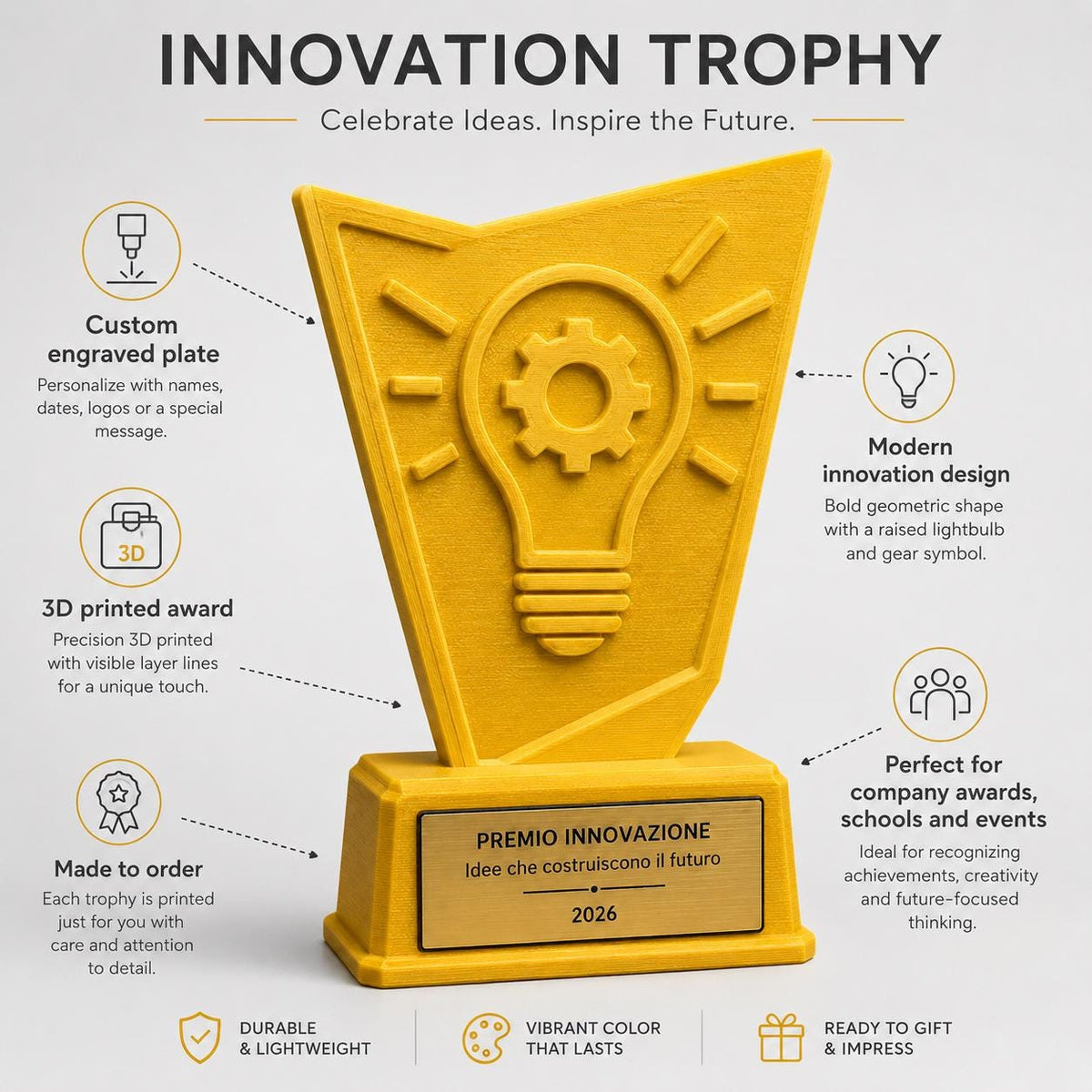 Trofeo Premio Innovazione personalizzato – Stampa 3D , premio aziendale con targhetta incisa, regalo collega