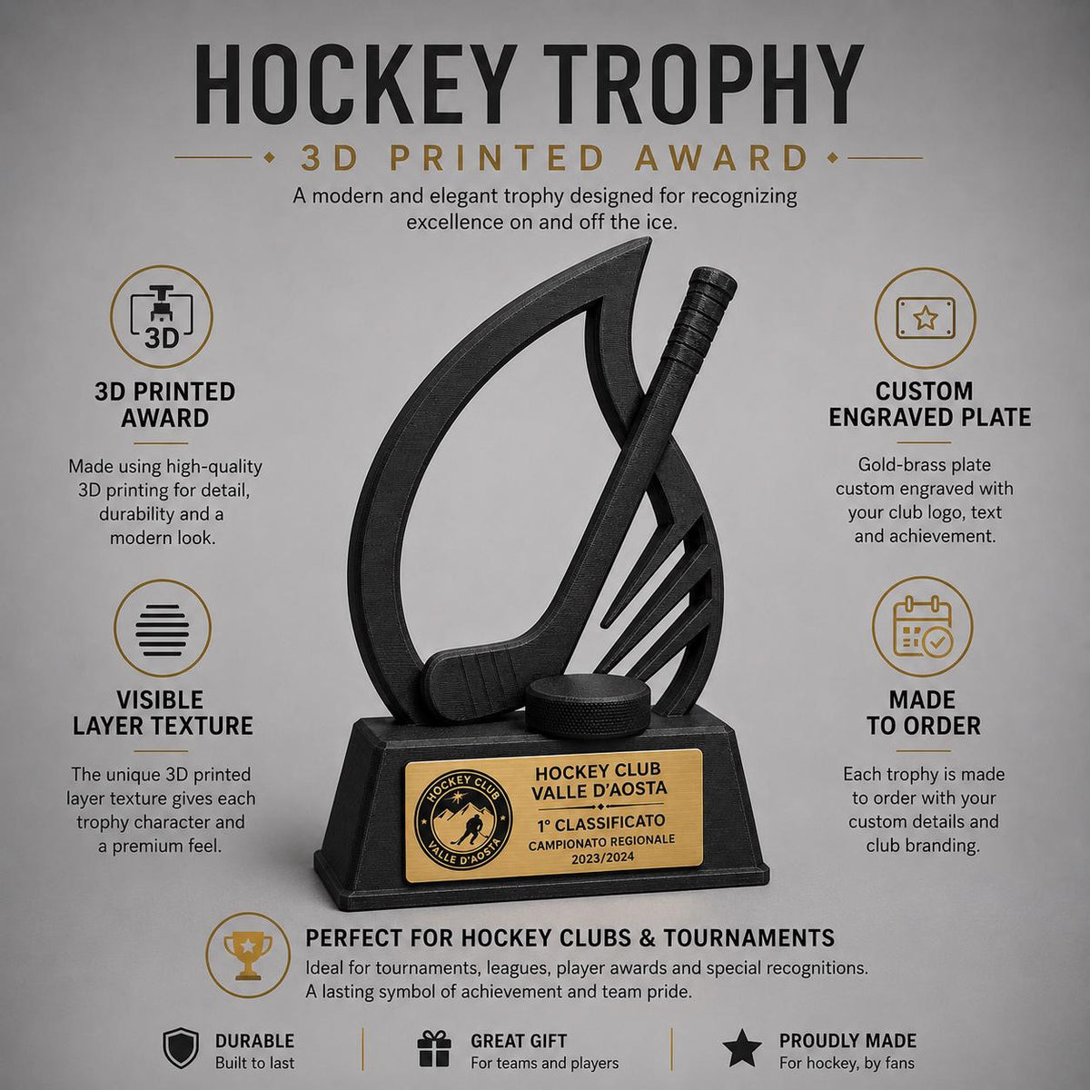 Trofeo Personalizzato in Stampa 3D, Premio hockeycon Targhetta Oro spazzolato abs, Riconoscimento Moderno cricket championship