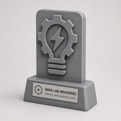 Trofeo aziendale personalizzato con logo, premio innovazione in stampa 3D e targhetta acciaio incisa