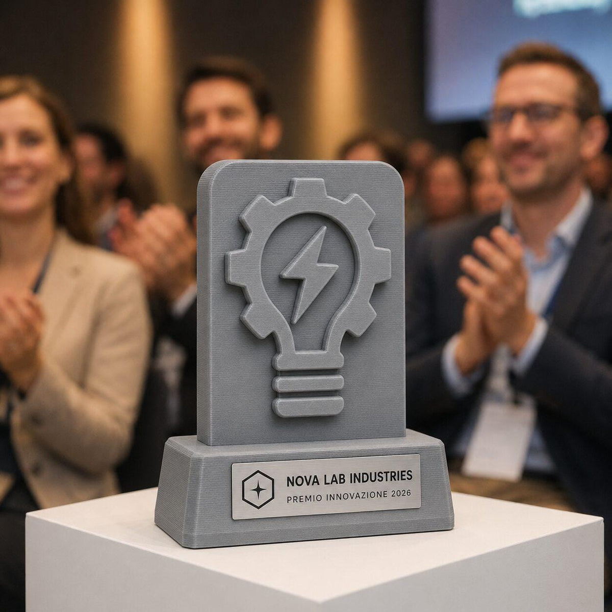Trofeo aziendale personalizzato con logo, premio innovazione in stampa 3D e targhetta acciaio incisa