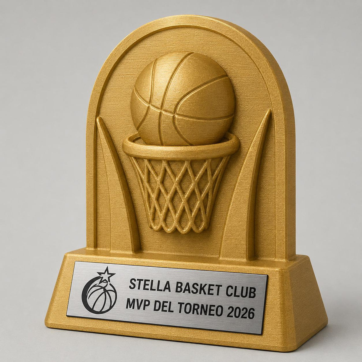 Trofeo basket MVP personalizzato con logo, premio pallacanestro in stampa 3D con targhetta acciaio incisa