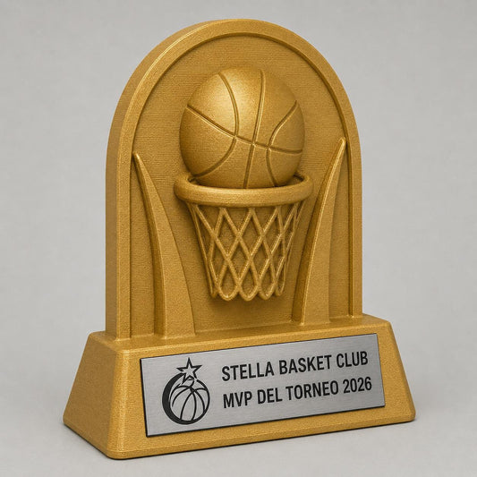 Trofeo basket MVP personalizzato con logo, premio pallacanestro in stampa 3D con targhetta acciaio incisa