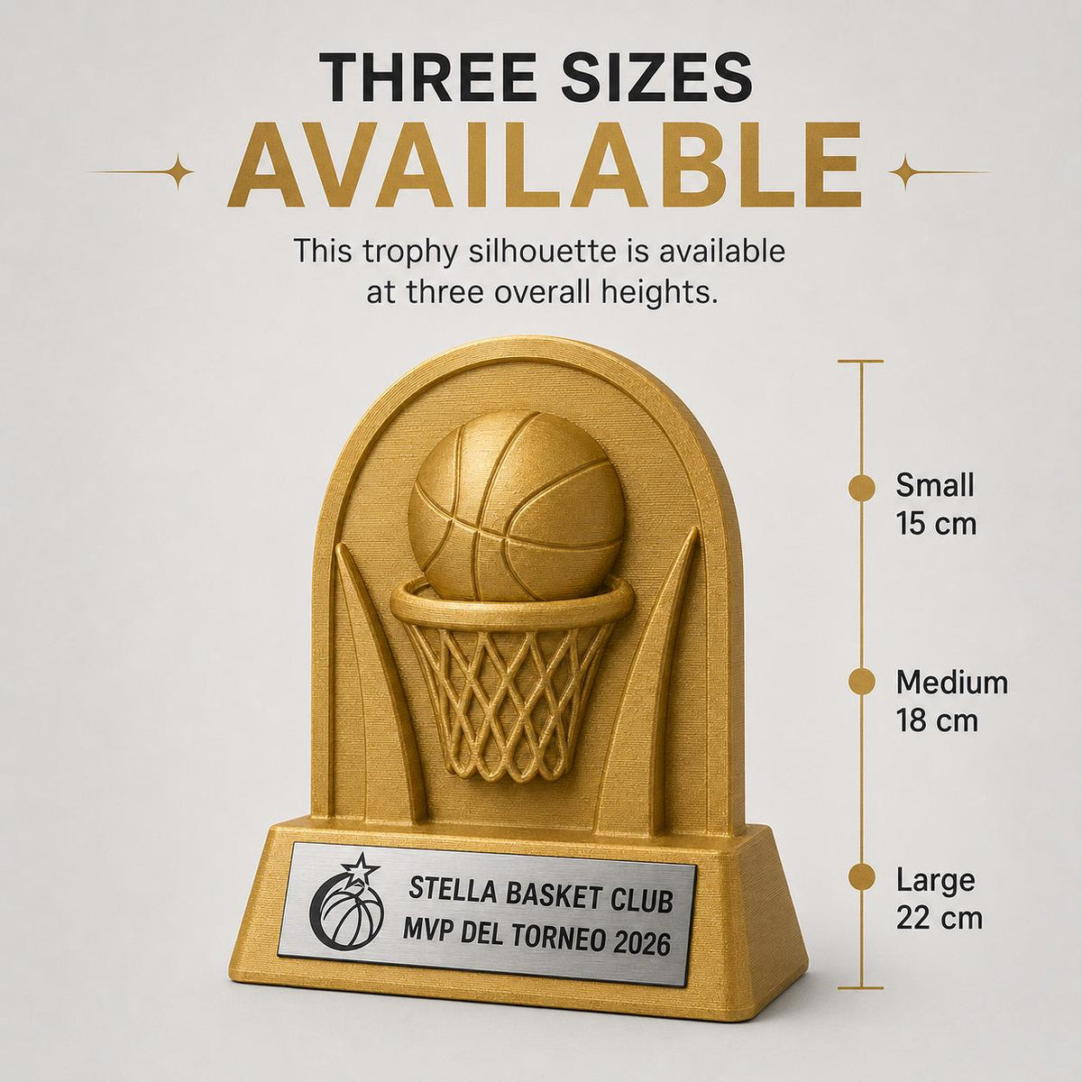 Trofeo basket MVP personalizzato con logo, premio pallacanestro in stampa 3D con targhetta acciaio incisa