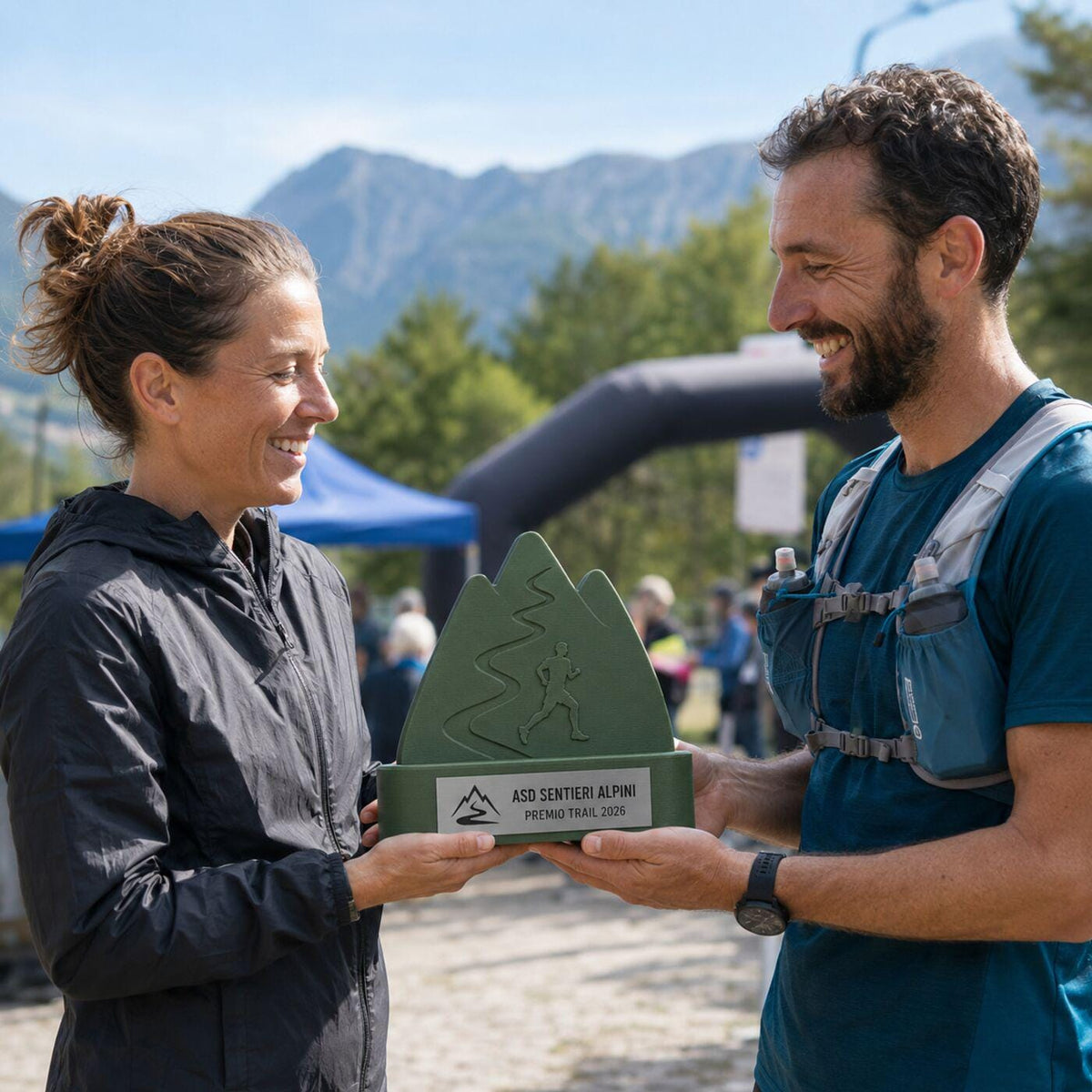 Trofeo Trail Running Personalizzato con Logo, Premio Corsa in Montagna 3D con Targhetta Acciaio