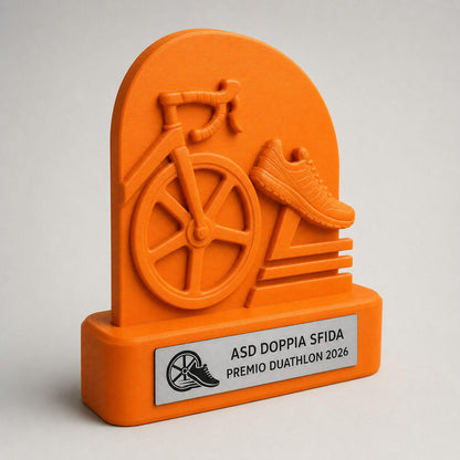 Trofeo Duathlon Personalizzato con Logo, Premio Ciclismo e Corsa 3D con Targhetta Acciaio