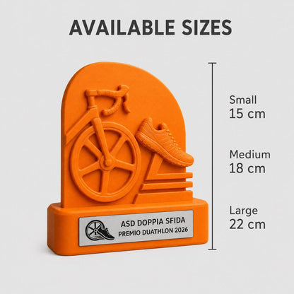 Trofeo Duathlon Personalizzato con Logo, Premio Ciclismo e Corsa 3D con Targhetta Acciaio