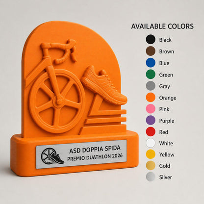 Trofeo Duathlon Personalizzato con Logo, Premio Ciclismo e Corsa 3D con Targhetta Acciaio