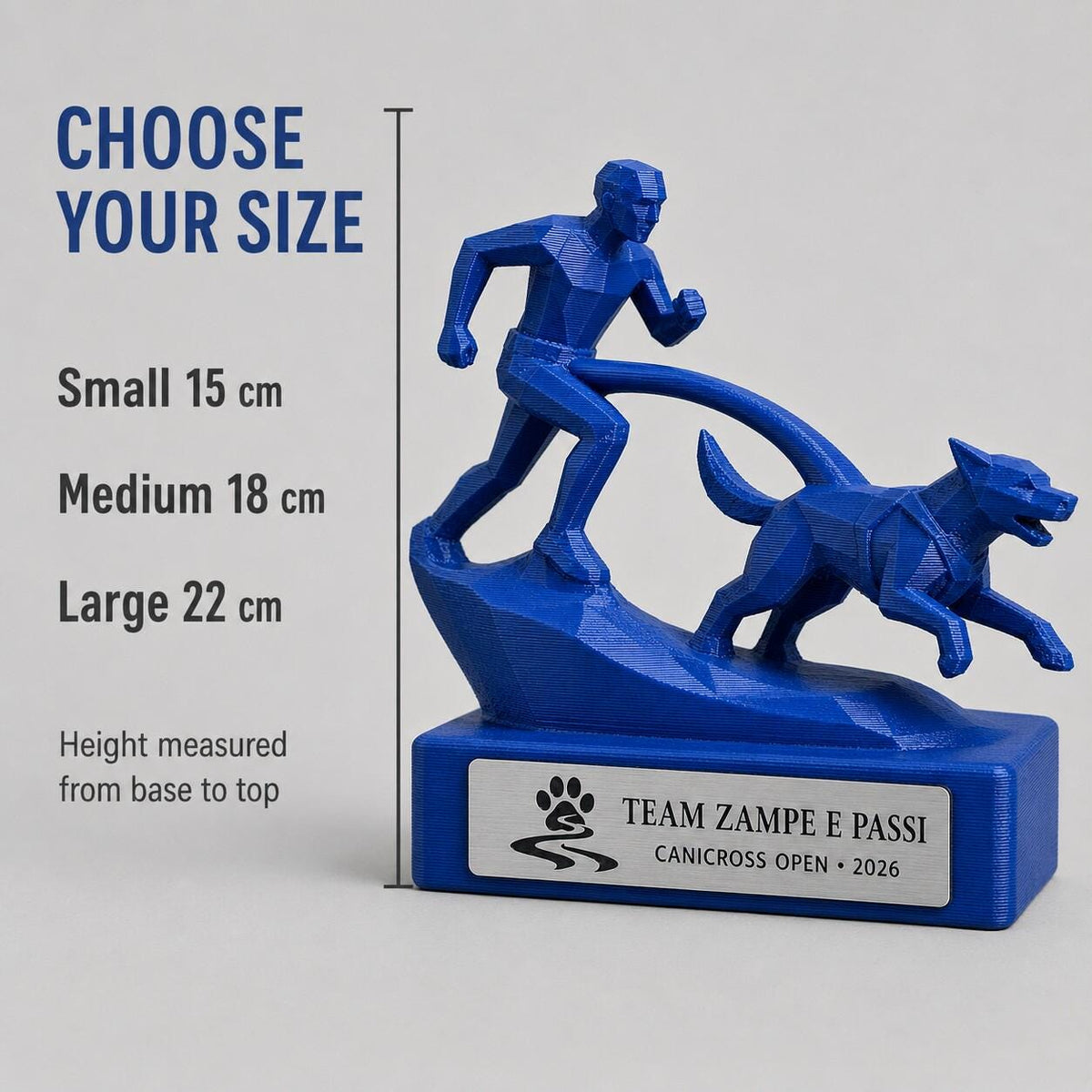 Trofeo Canicross 3D Personalizzato, Premio Gara Runner e Cane con Logo e Targhetta Acciaio