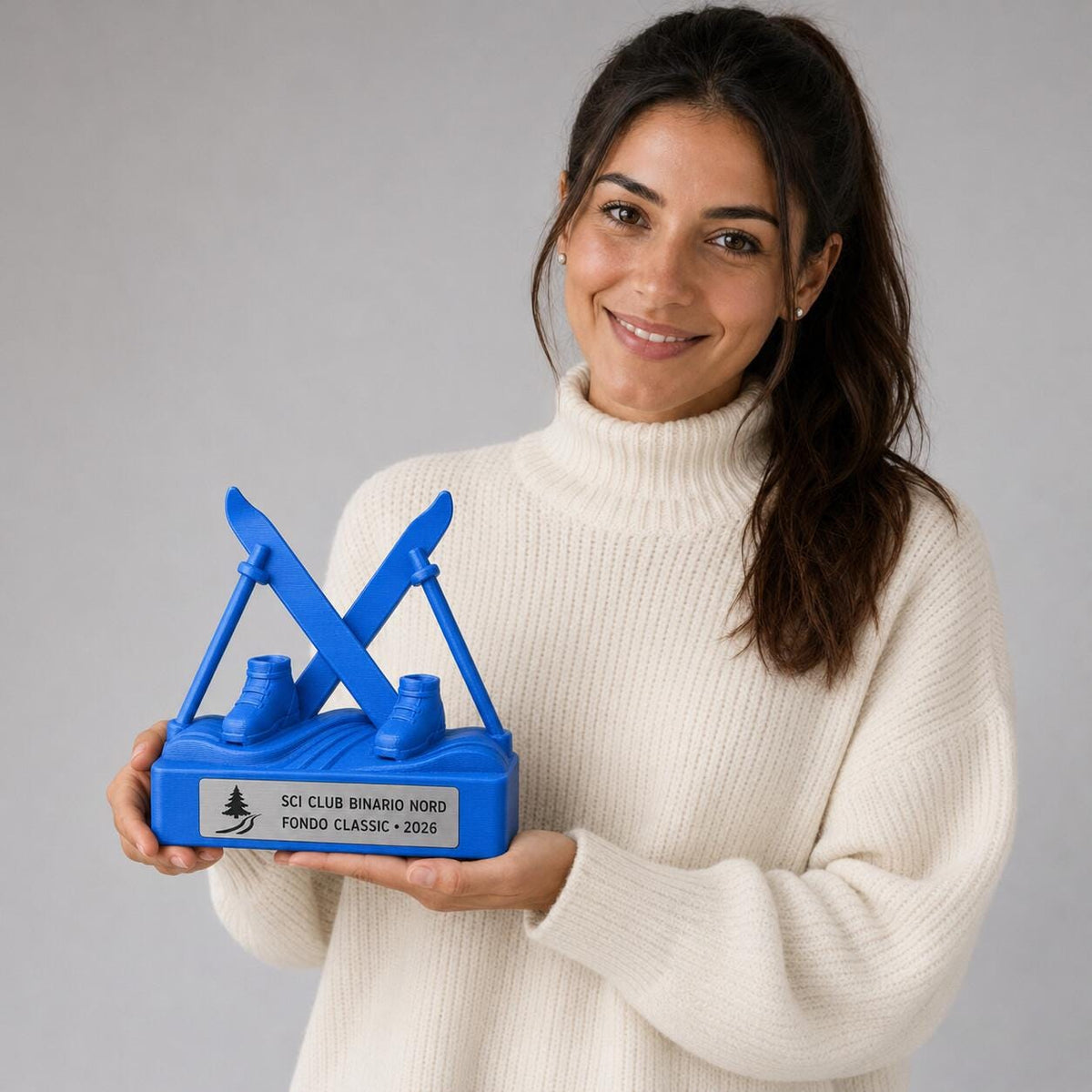 Trofeo Sci di Fondo 3D Personalizzato, Premio Sci Nordico con Logo e Targhetta Acciaio