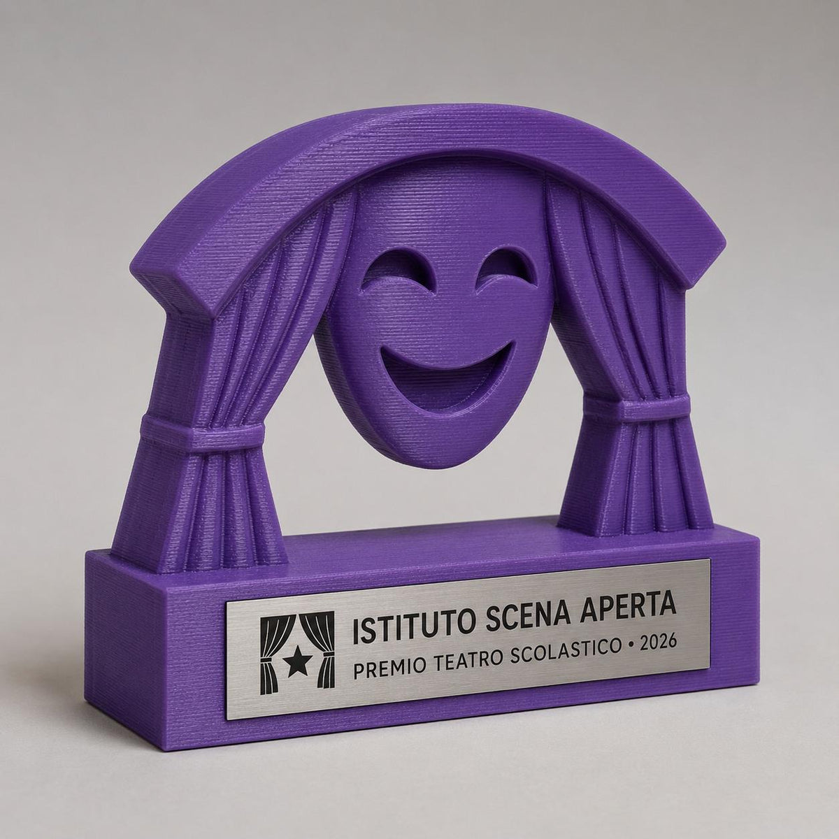 Trofeo Teatro Scolastico 3D Personalizzato, Premio Recita e Spettacolo con Logo e Targhetta Acciaio
