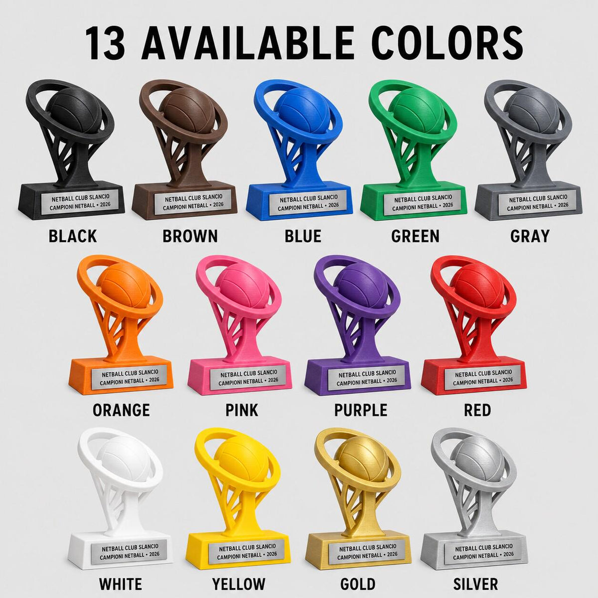 Trofeo Netball 3D Personalizzato, Premio per Squadra e Torneo con Logo e Targhetta Acciaio