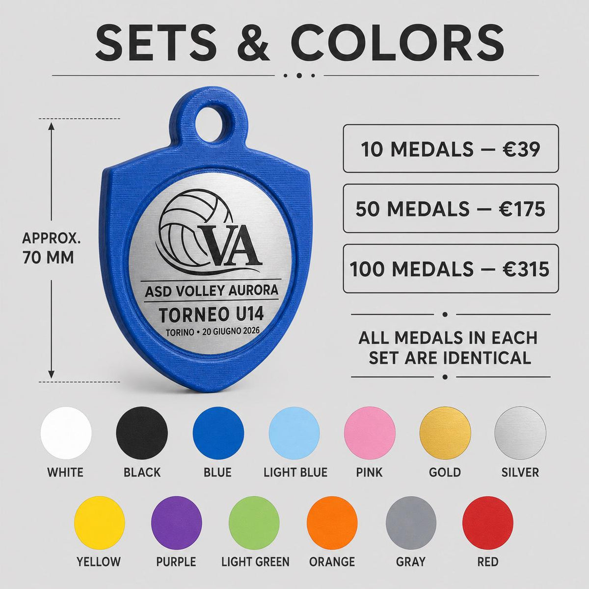 Set da 10 Medaglie Pallavolo Giovanile Personalizzate, Premio Torneo U14 per Squadre con Logo, Evento e Data