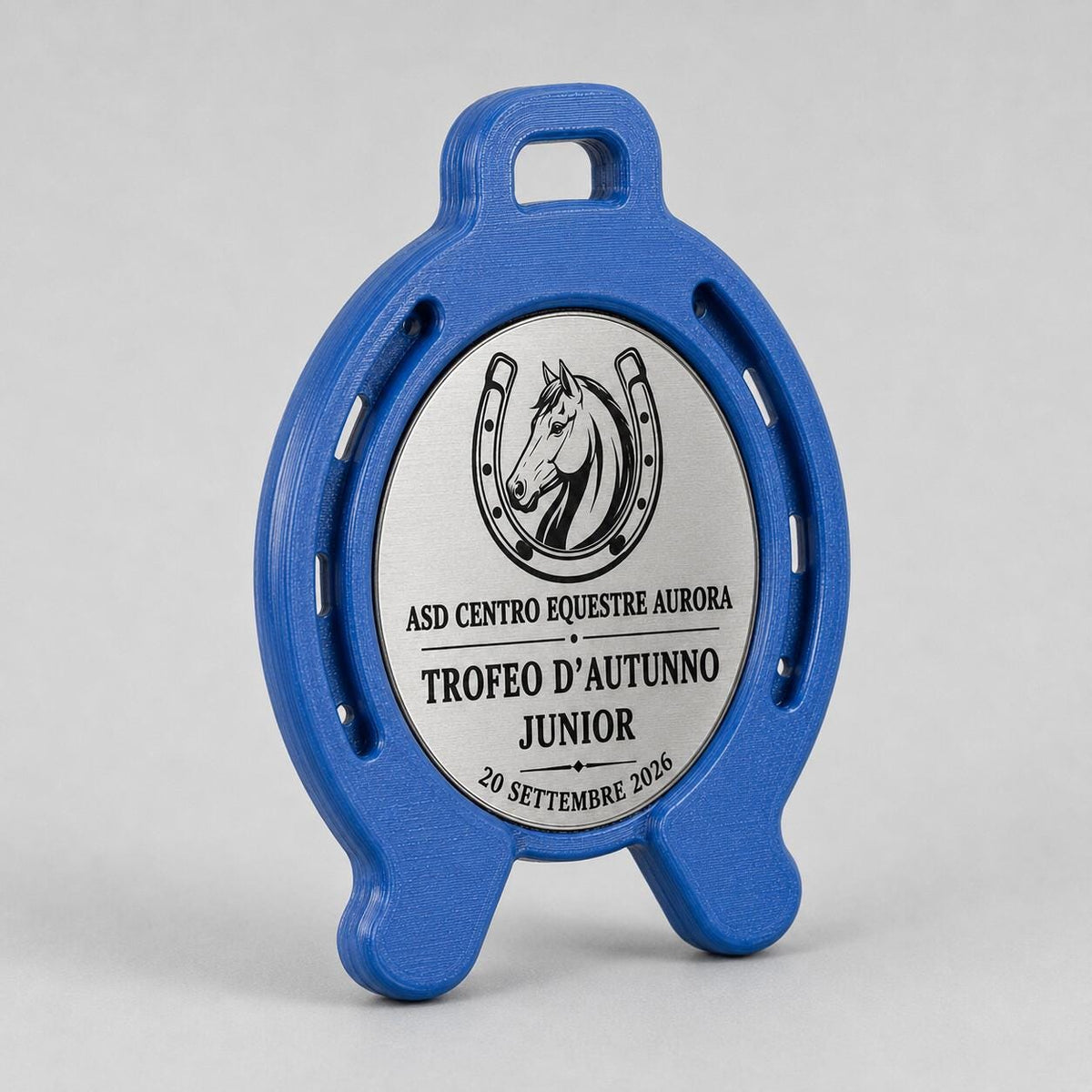 Set da 10 Medaglie Equitazione Personalizzate, Forma Ferro di Cavallo per Gare e Circoli con Logo, Categoria e Data