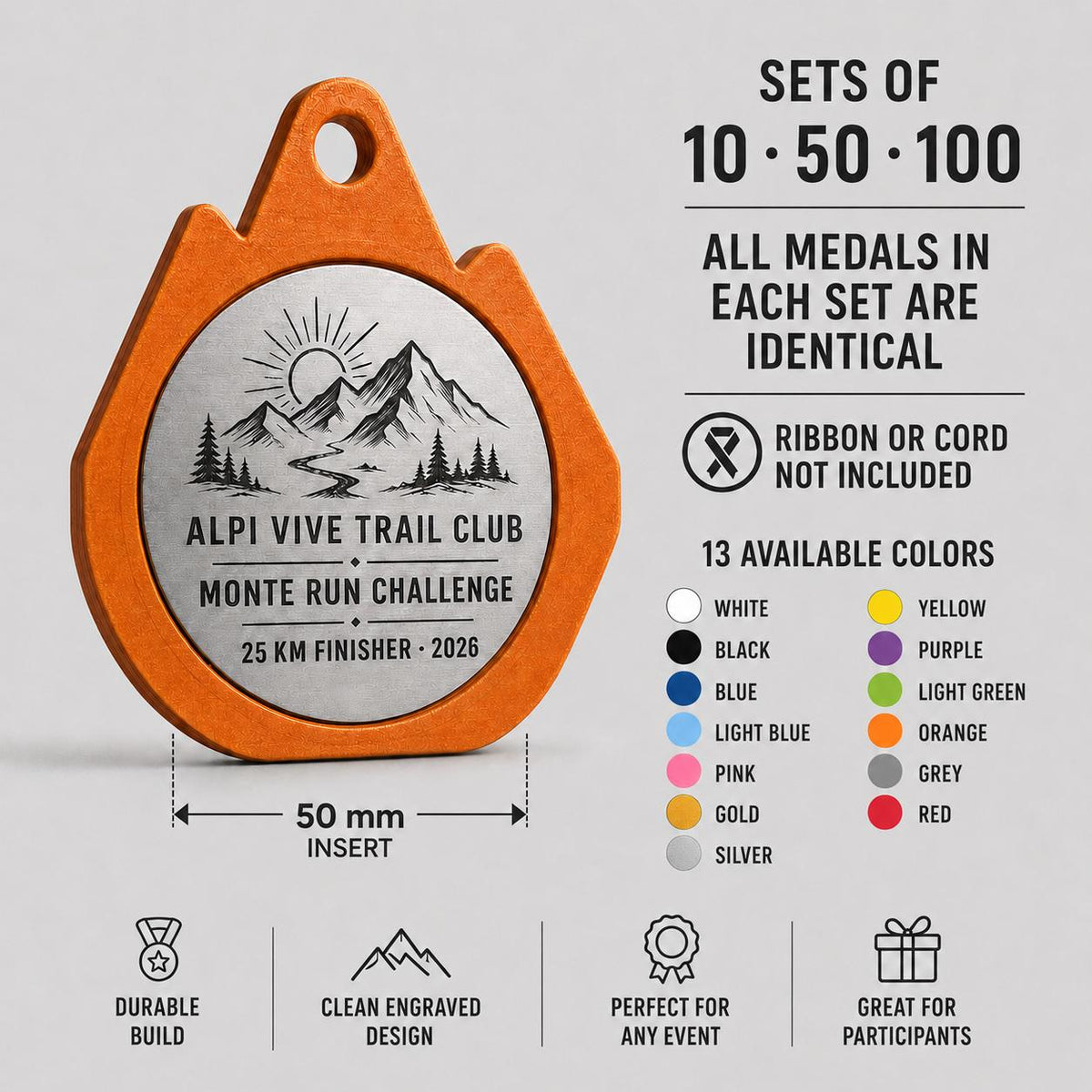 Set da 10 Medaglie Trail Running Personalizzate, Forma Montagna per Gare, Club e Associazioni con Logo, Categoria e Data