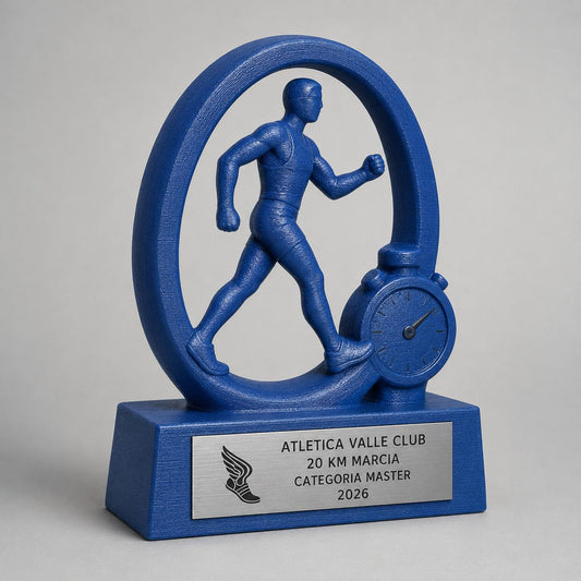 Trofeo Marcia Atletica Personalizzato con Atleta e Cronometro, Premio Race Walking per Gare, Club e Categorie con Logo