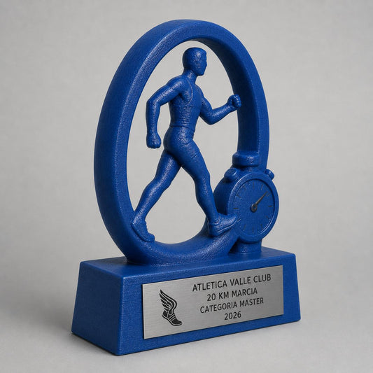 Trofeo Marcia Atletica Personalizzato con Atleta e Cronometro, Premio Race Walking per Gare, Club e Categorie con Logo