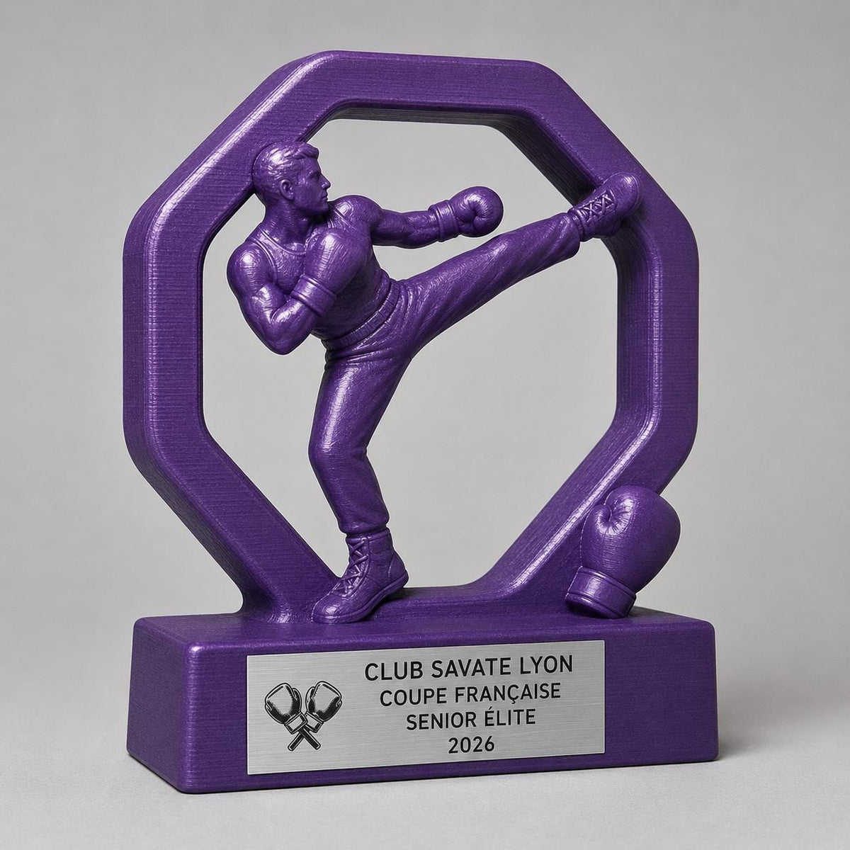 Trofeo Savate Personalizzato con Atleta in Calcio, Premio Boxe Francese per Gare, Club e Categorie con Logo e Targhetta