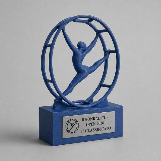 Trofeo Rhönrad Personalizzato con Ginnasta nella Ruota, Premio Gara per Club, Scuole e Categorie con Logo e Targhetta