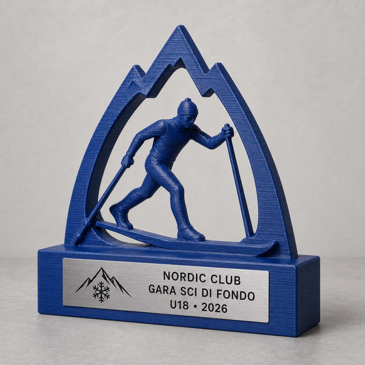 Trofeo Sci di Fondo Personalizzato con Sciatore e Montagna, Premio Sci Nordico per Gare, Club e Categorie con Logo e Targhetta