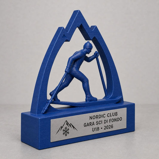 Trofeo Sci di Fondo Personalizzato con Sciatore e Montagna, Premio Sci Nordico per Gare, Club e Categorie con Logo e Targhetta