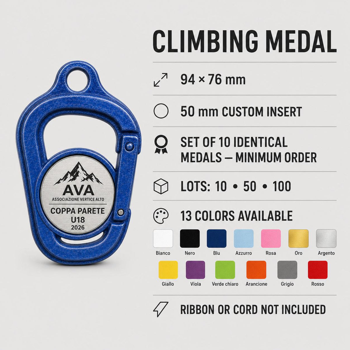Set da 10 Medaglie Tutte Uguali, Arrampicata Personalizzate a Forma di Moschettone per Gare, Palestre e Club con Logo e Data