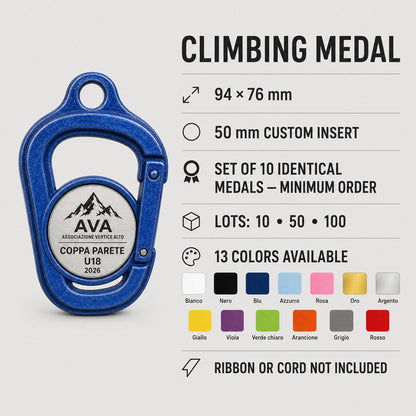Set da 10 Medaglie Tutte Uguali, Arrampicata Personalizzate a Forma di Moschettone per Gare, Palestre e Club con Logo e Data