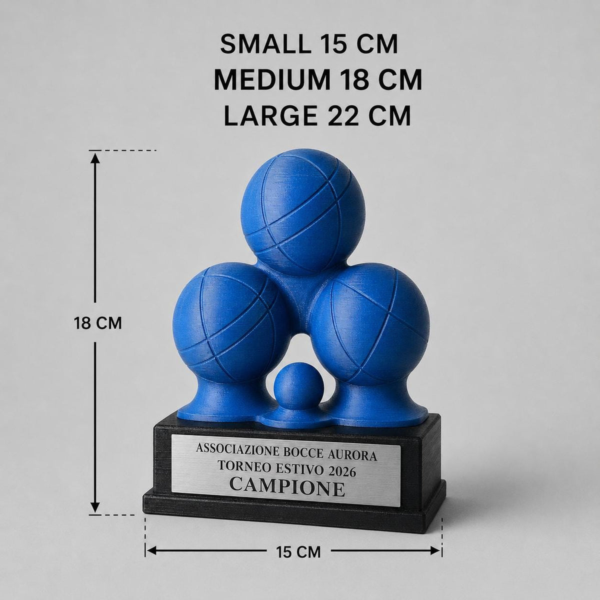 Trofeo Pétanque Personalizzato con Tre Bocce e Pallino, Premio Bocce per Tornei, Club e Categorie con Logo