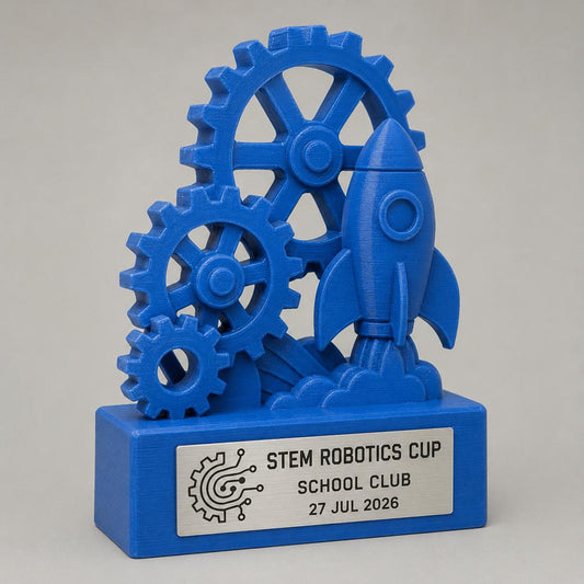 Trofeo Robotica Scolastica Personalizzato con Ingranaggi e Razzo, Premio STEM per Scuole, Club e Concorsi