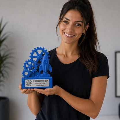 Trofeo Robotica Scolastica Personalizzato con Ingranaggi e Razzo, Premio STEM per Scuole, Club e Concorsi