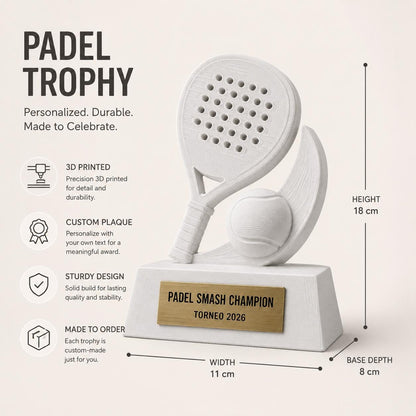 Trofeo padel personalizzato stampato 3D, premio torneo padel con targhetta incisa, regalo giocatore Smash Champion