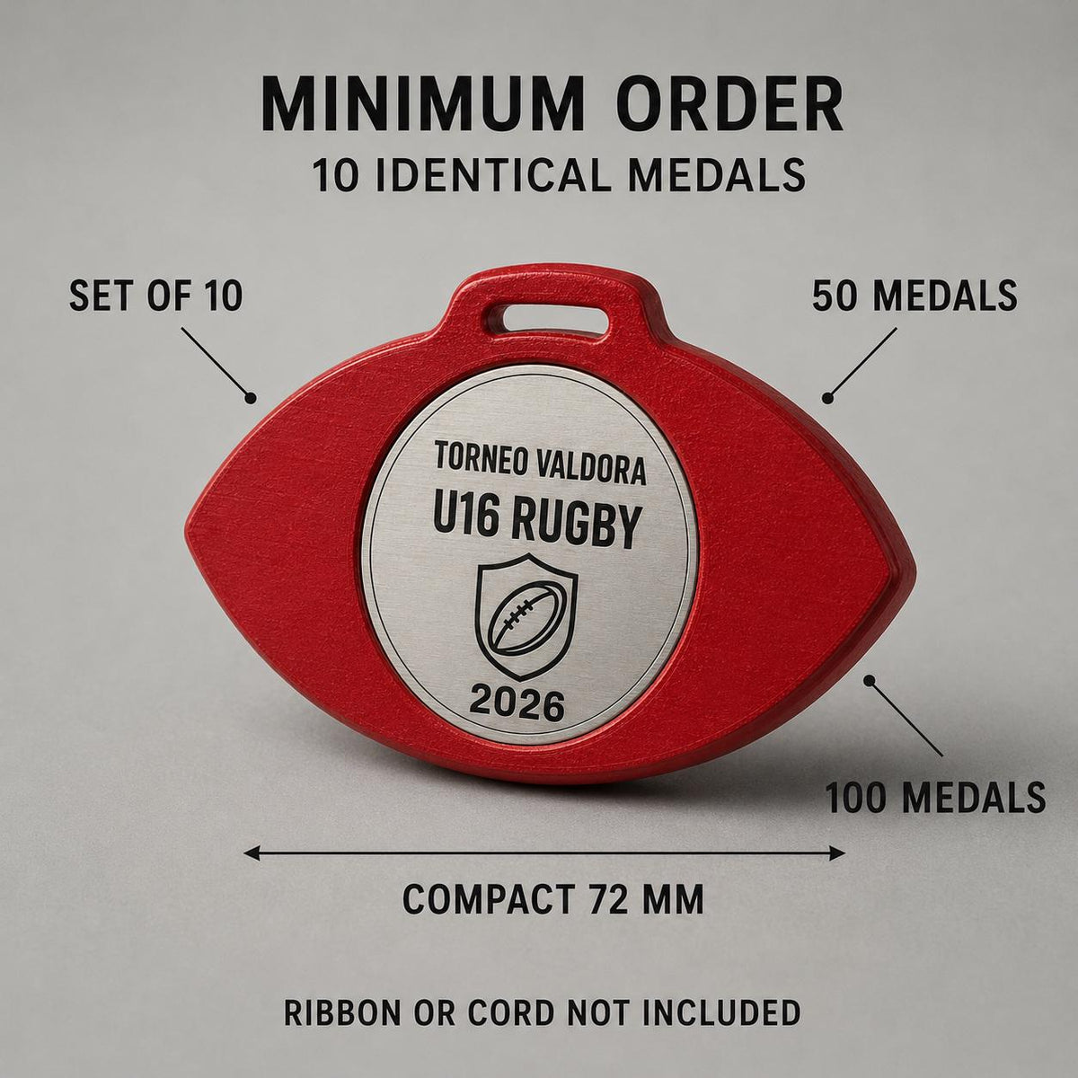 Set da 10 Medaglie Rugby Tutte Uguali, Forma Pallone per Tornei, Club, Scuole e Associazioni